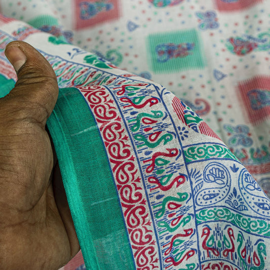 Sanskriti Vintage White Pure Cotton Saree Paisley Human Print Sari 5+YD Fabric