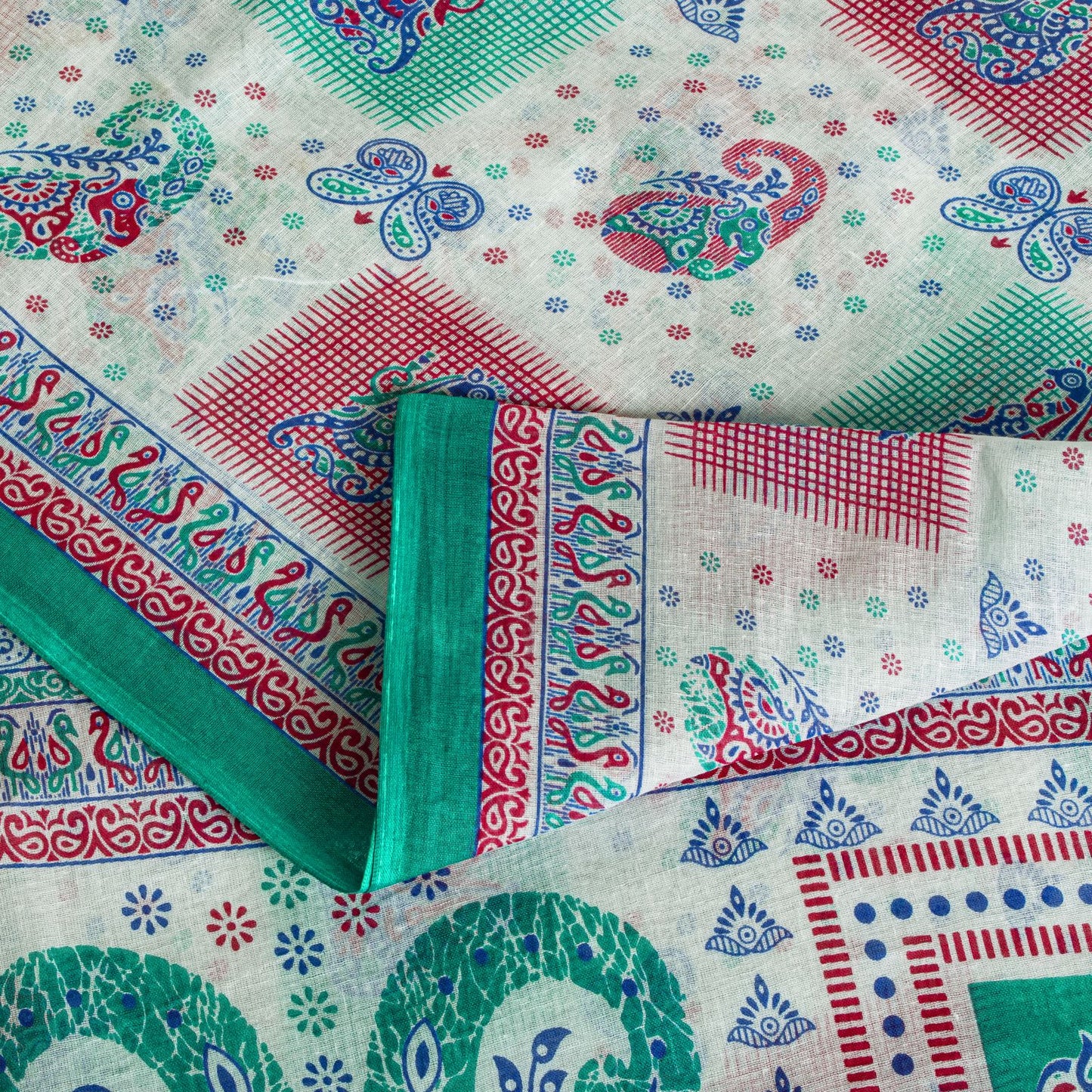 Sanskriti Vintage White Pure Cotton Saree Paisley Human Print Sari 5+YD Fabric