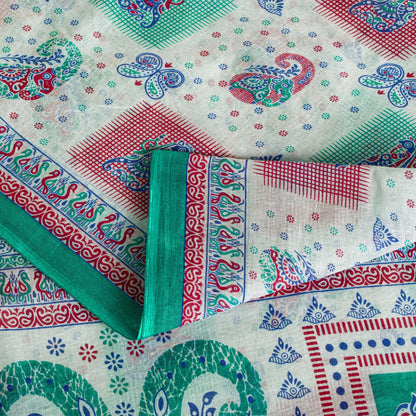 Sanskriti Vintage White Pure Cotton Saree Paisley Human Print Sari 5+YD Fabric