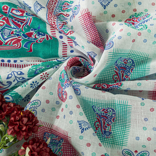 Sanskriti Vintage White Pure Cotton Saree Paisley Human Print Sari 5+YD Fabric