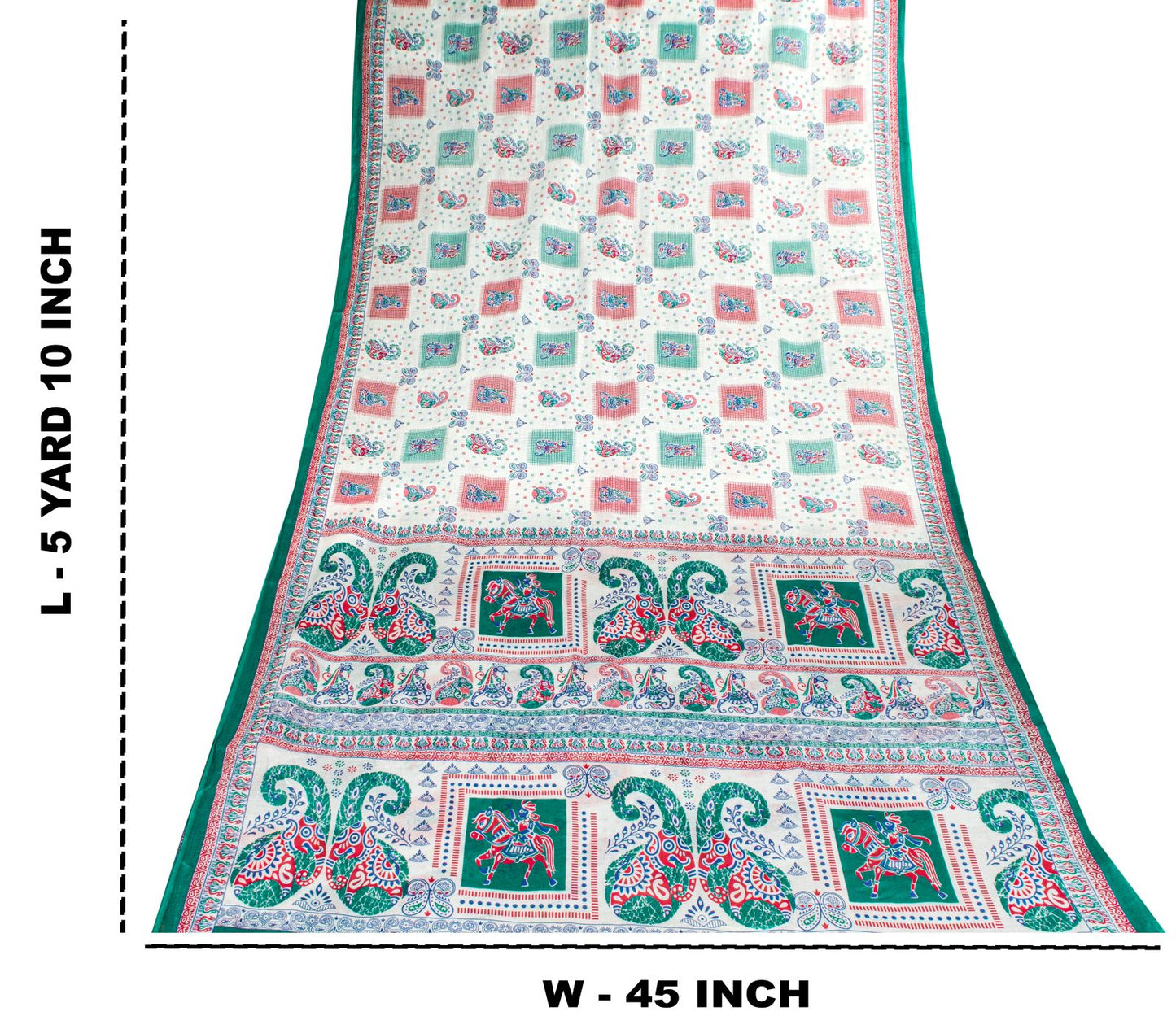 Sanskriti Vintage White Pure Cotton Saree Paisley Human Print Sari 5+YD Fabric