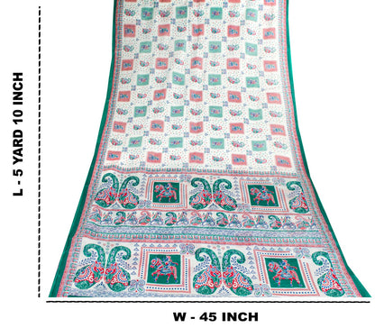 Sanskriti Vintage White Pure Cotton Saree Paisley Human Print Sari 5+YD Fabric