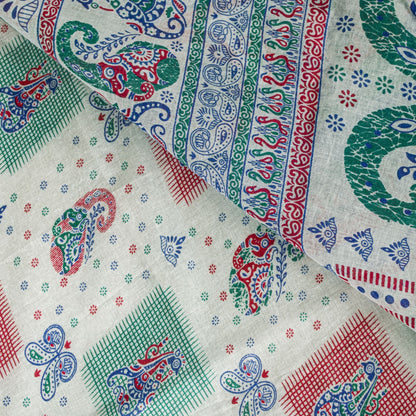 Sanskriti Vintage White Pure Cotton Saree Paisley Human Print Sari 5+YD Fabric