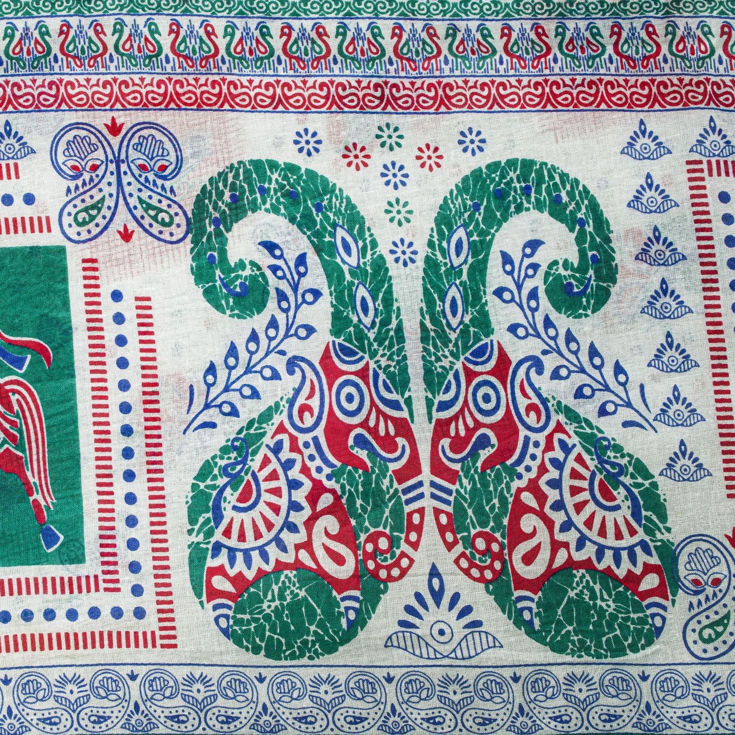 Sanskriti Vintage White Pure Cotton Saree Paisley Human Print Sari 5+YD Fabric