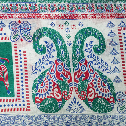 Sanskriti Vintage White Pure Cotton Saree Paisley Human Print Sari 5+YD Fabric
