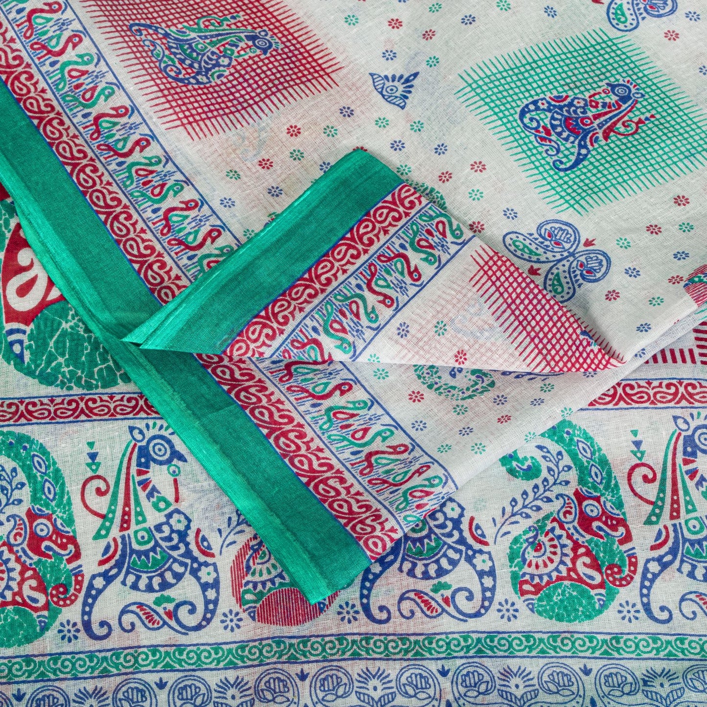 Sanskriti Vintage White Pure Cotton Saree Paisley Human Print Sari 5+YD Fabric