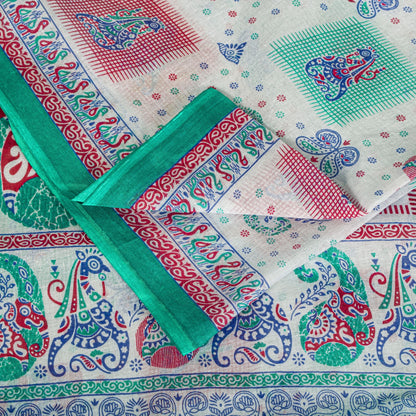 Sanskriti Vintage White Pure Cotton Saree Paisley Human Print Sari 5+YD Fabric