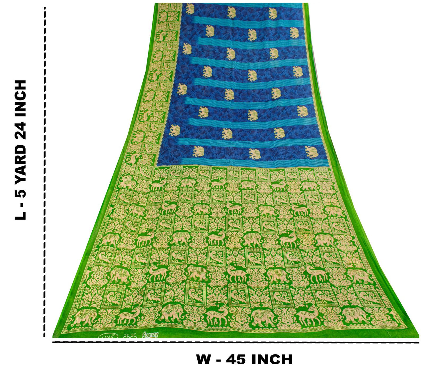 Vintage Saree Blue-Green 100% Pure Cotton Animal Printed Craft Fabric 5.5+Yard Sari