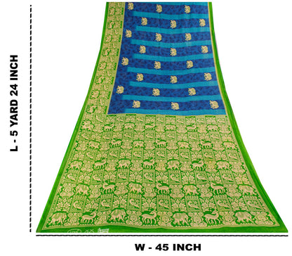 Vintage Saree Blue-Green 100% Pure Cotton Animal Printed Craft Fabric 5.5+Yard Sari