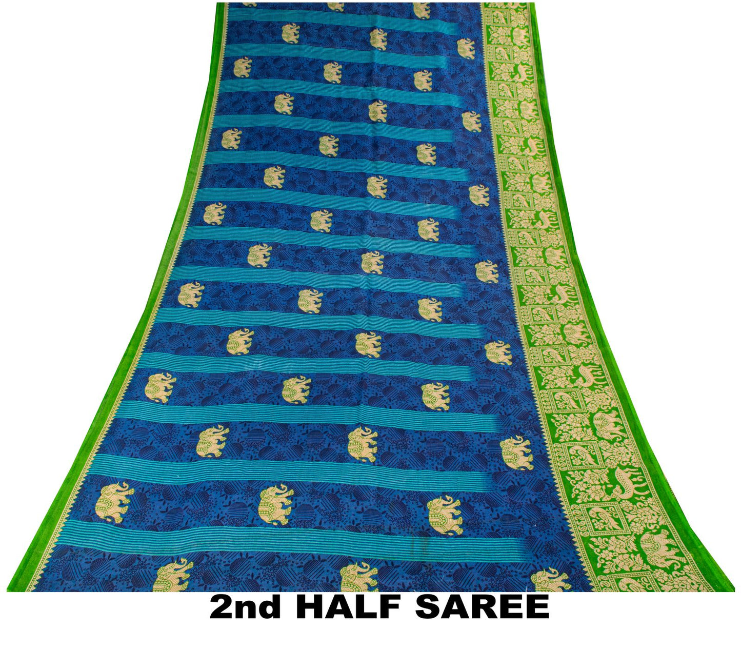 Vintage Saree Blue-Green 100% Pure Cotton Animal Printed Craft Fabric 5.5+Yard Sari