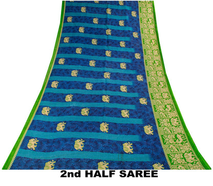Vintage Saree Blue-Green 100% Pure Cotton Animal Printed Craft Fabric 5.5+Yard Sari
