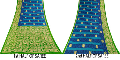 Vintage Saree Blue-Green 100% Pure Cotton Animal Printed Craft Fabric 5.5+Yard Sari