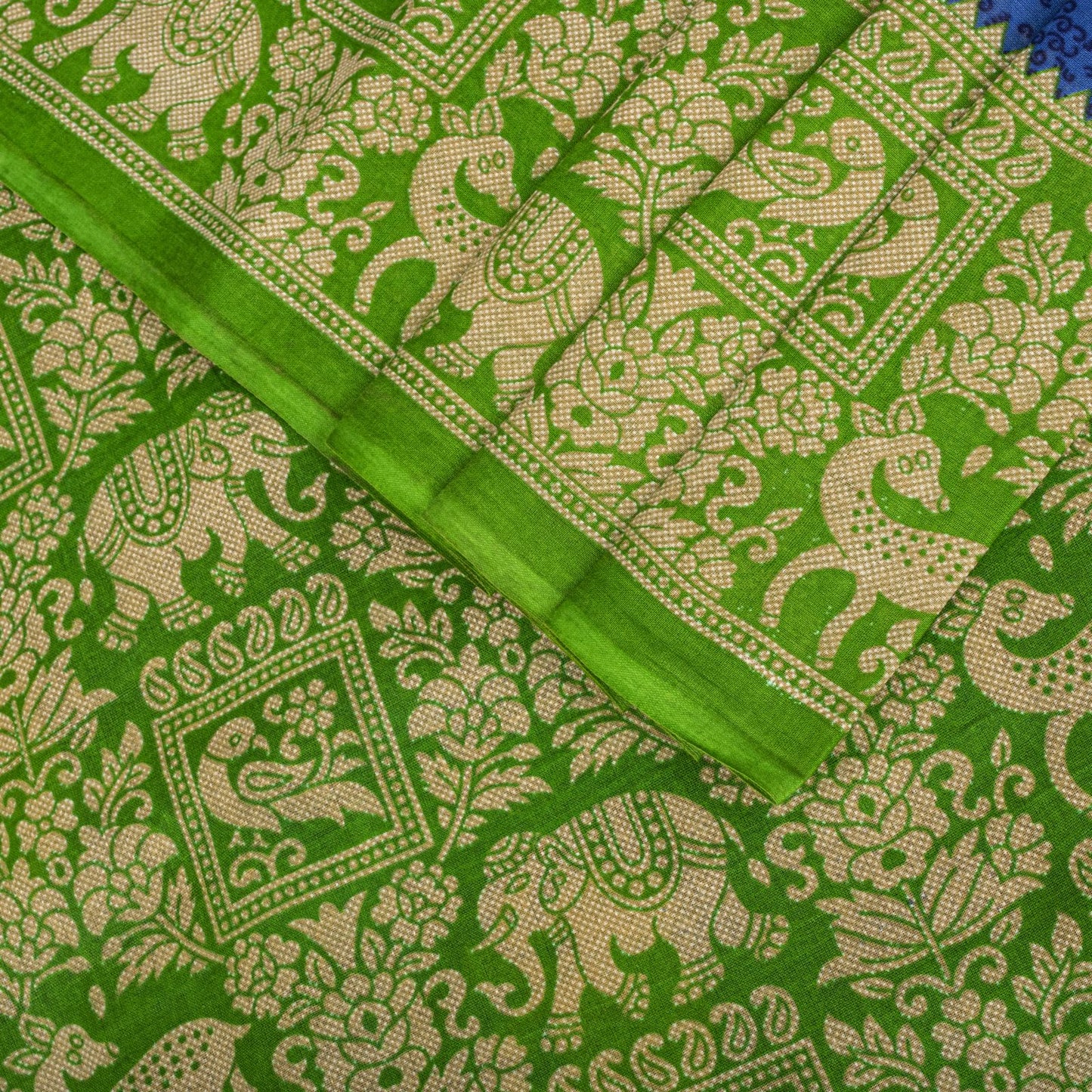 Vintage Saree Blue-Green 100% Pure Cotton Animal Printed Craft Fabric 5.5+Yard Sari