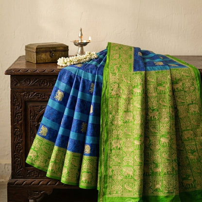 Vintage Saree Blue-Green 100% Pure Cotton Animal Printed Craft Fabric 5.5+Yard Sari