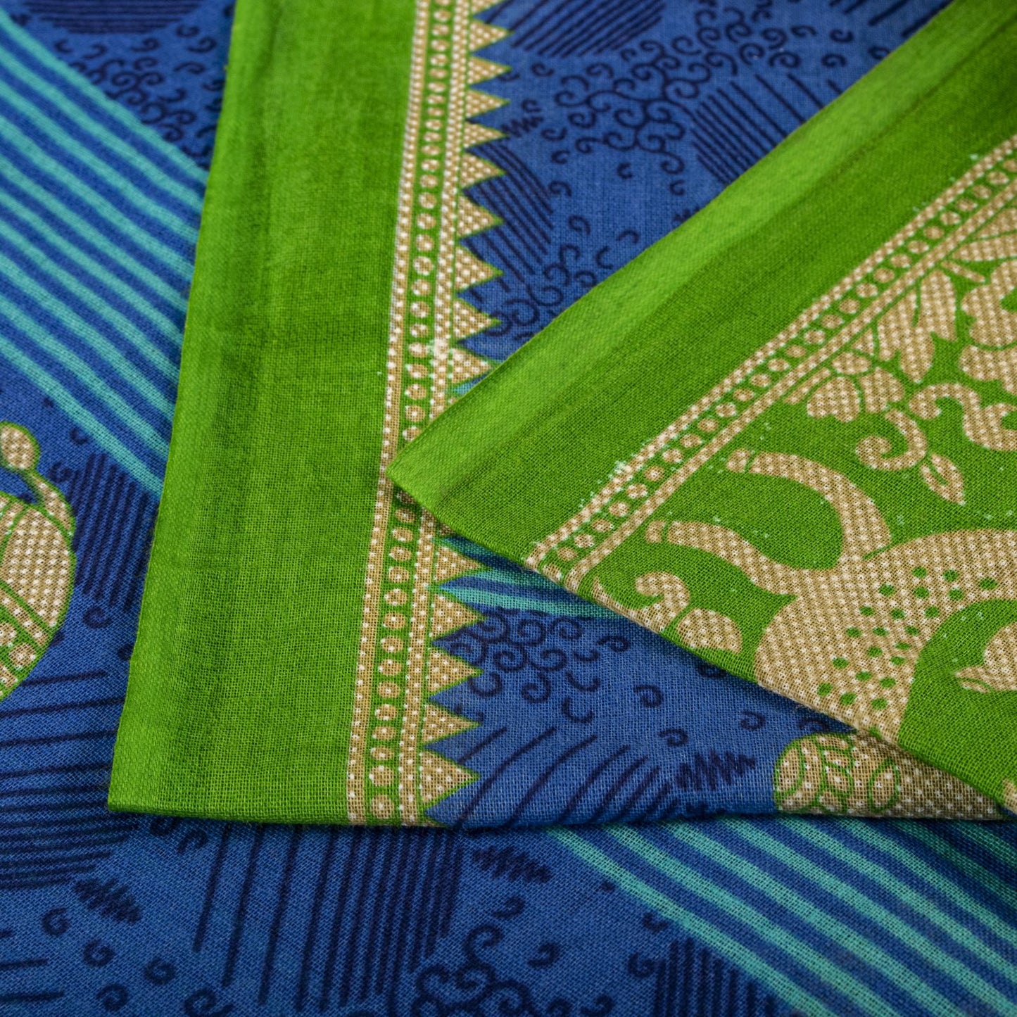 Vintage Saree Blue-Green 100% Pure Cotton Animal Printed Craft Fabric 5.5+Yard Sari