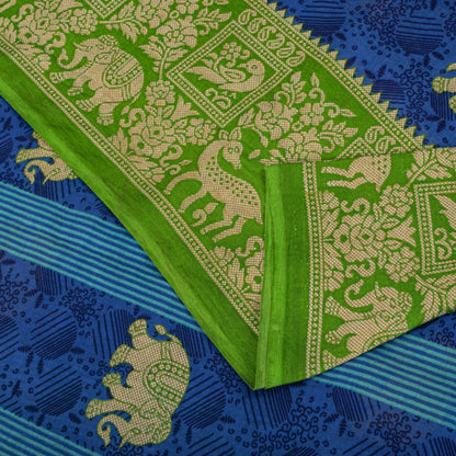 Vintage Saree Blue-Green 100% Pure Cotton Animal Printed Craft Fabric 5.5+Yard Sari