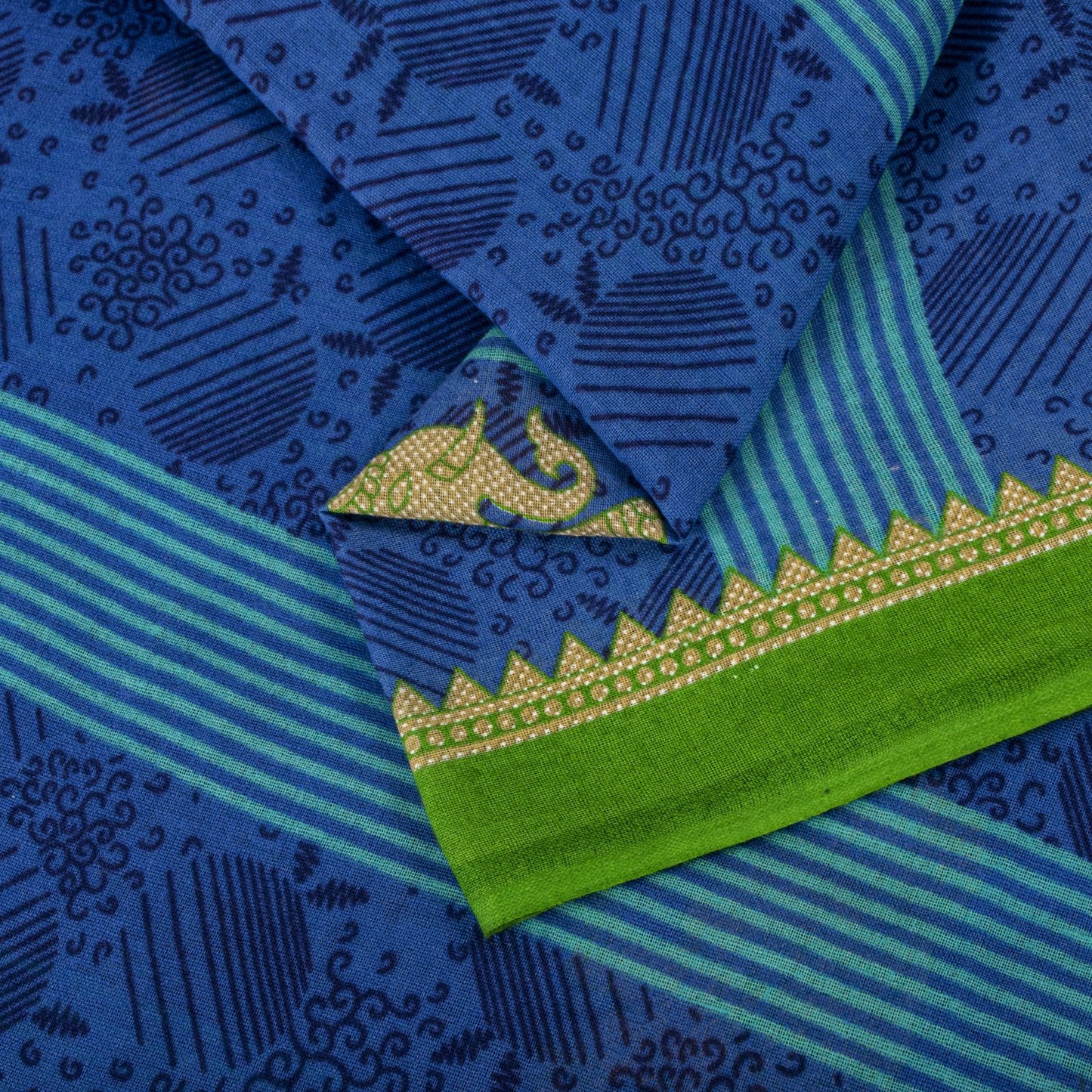 Vintage Saree Blue-Green 100% Pure Cotton Animal Printed Craft Fabric 5.5+Yard Sari