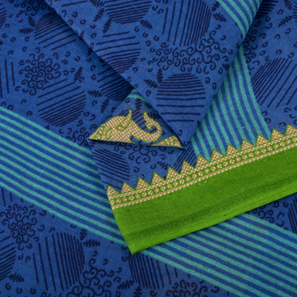 Vintage Saree Blue-Green 100% Pure Cotton Animal Printed Craft Fabric 5.5+Yard Sari