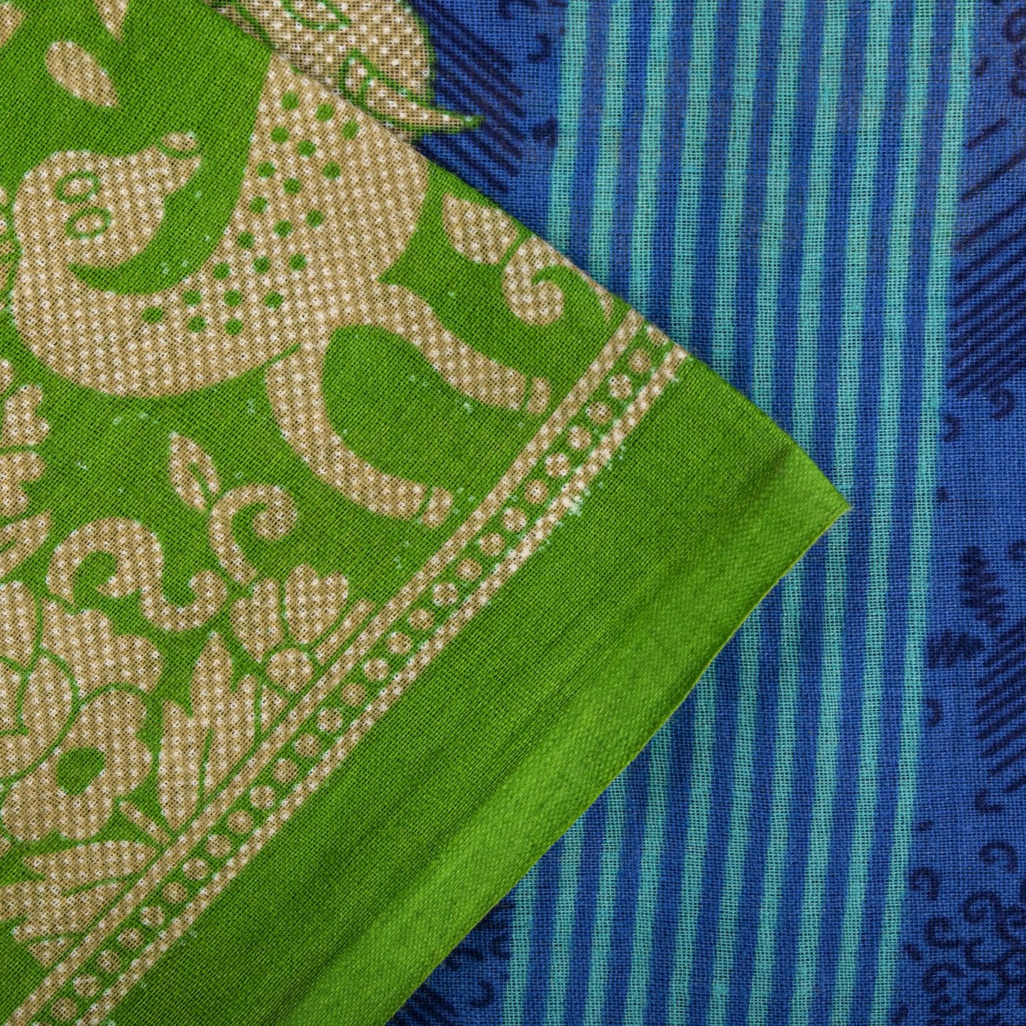Vintage Saree Blue-Green 100% Pure Cotton Animal Printed Craft Fabric 5.5+Yard Sari
