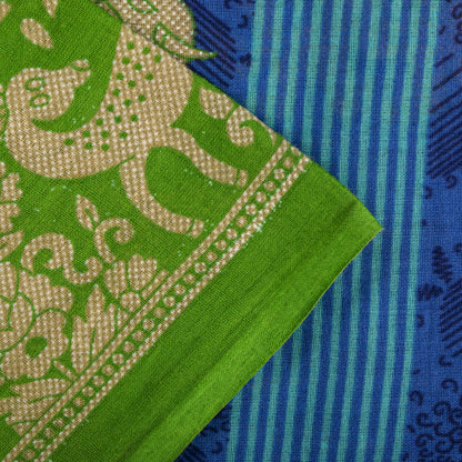 Vintage Saree Blue-Green 100% Pure Cotton Animal Printed Craft Fabric 5.5+Yard Sari