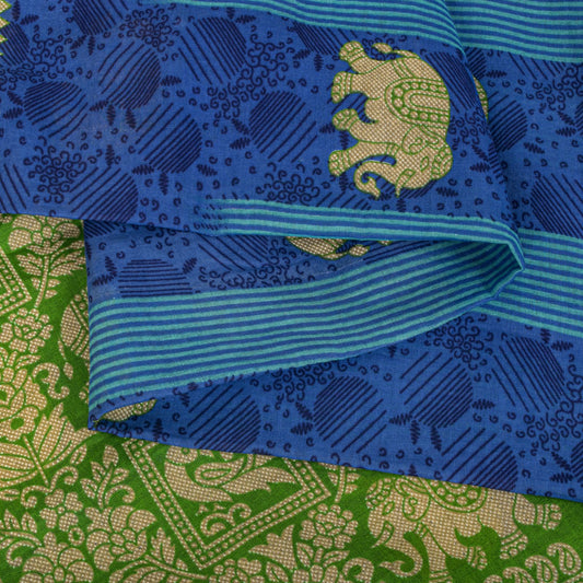 Vintage Saree Blue-Green 100% Pure Cotton Animal Printed Craft Fabric 5.5+Yard Sari