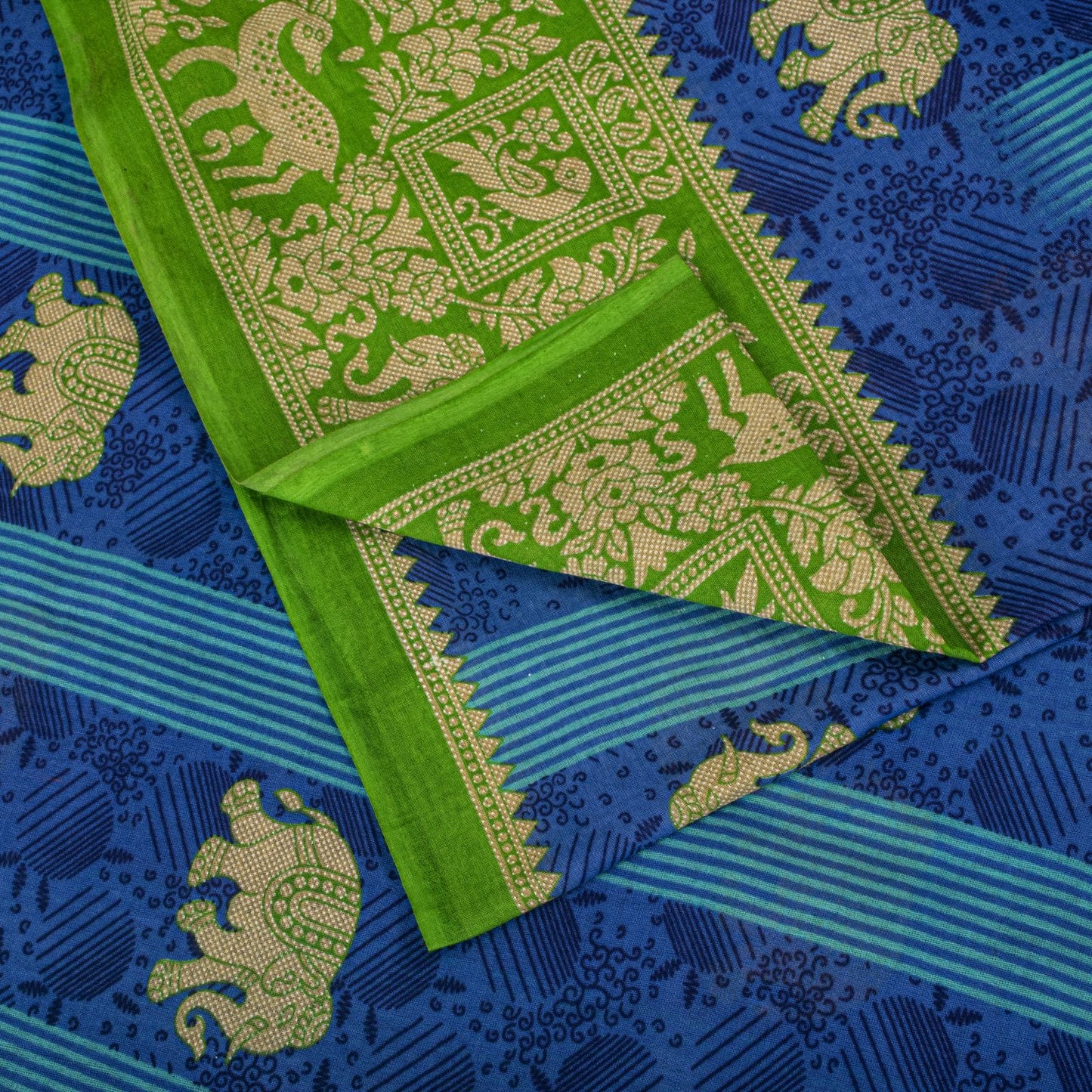 Vintage Saree Blue-Green 100% Pure Cotton Animal Printed Craft Fabric 5.5+Yard Sari