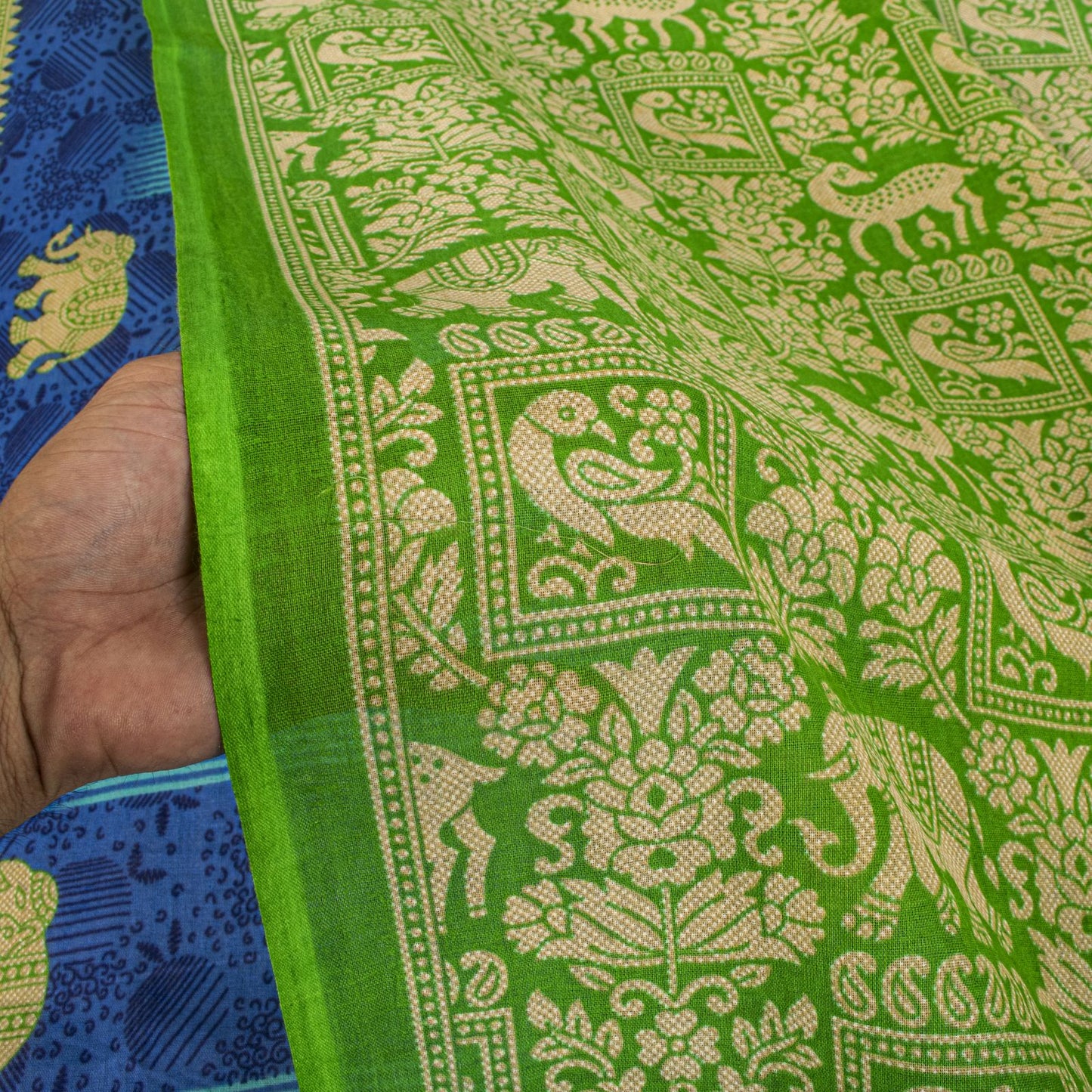 Vintage Saree Blue-Green 100% Pure Cotton Animal Printed Craft Fabric 5.5+Yard Sari