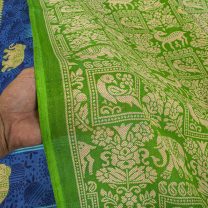 Vintage Saree Blue-Green 100% Pure Cotton Animal Printed Craft Fabric 5.5+Yard Sari
