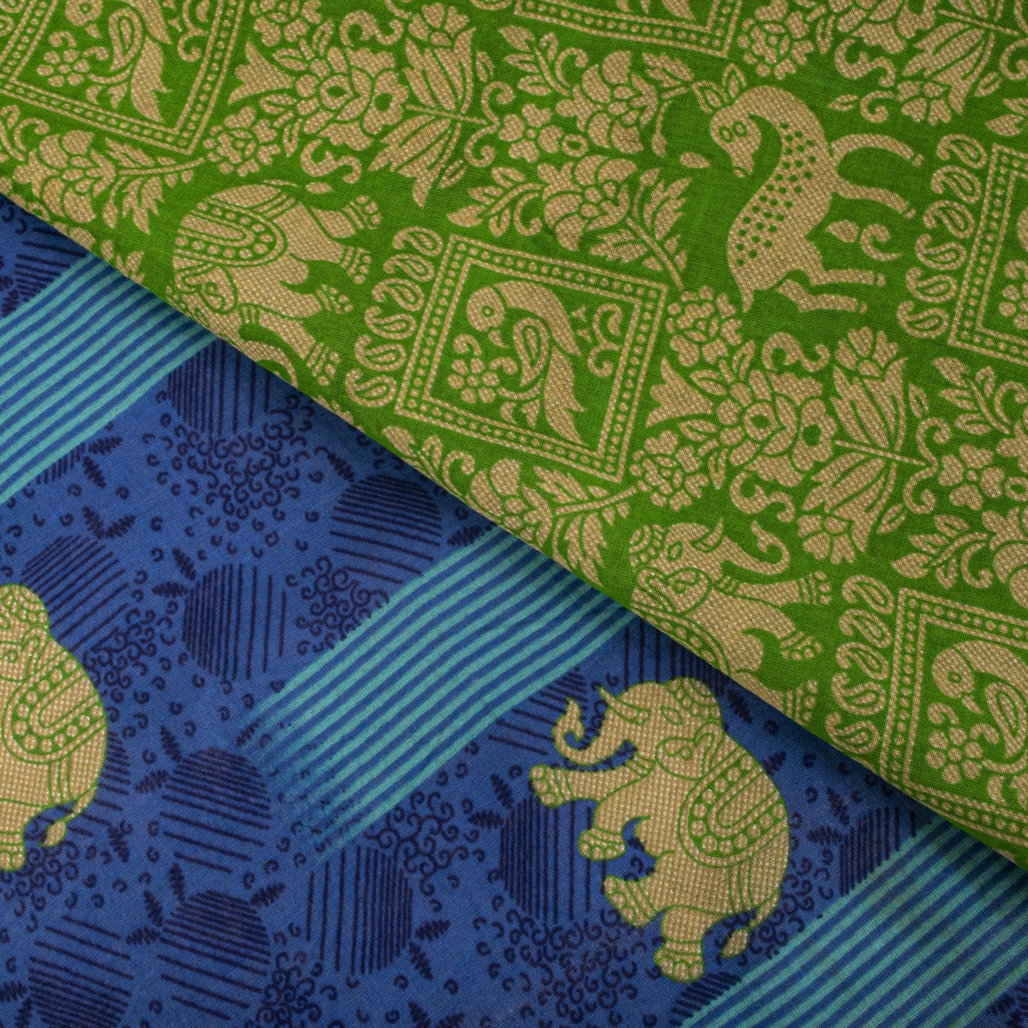Vintage Saree Blue-Green 100% Pure Cotton Animal Printed Craft Fabric 5.5+Yard Sari