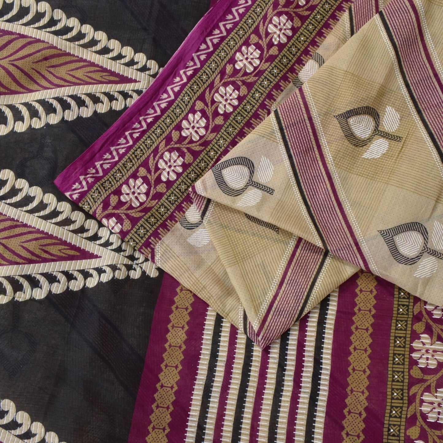 Sanskriti Vintage Beige-Purple Pure Cotton Saree Leaf Print Sari 5.5YD Fabric