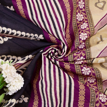 Sanskriti Vintage Beige-Purple Pure Cotton Saree Leaf Print Sari 5.5YD Fabric
