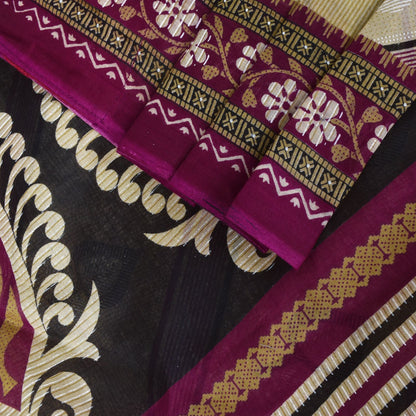 Sanskriti Vintage Beige-Purple Pure Cotton Saree Leaf Print Sari 5.5YD Fabric