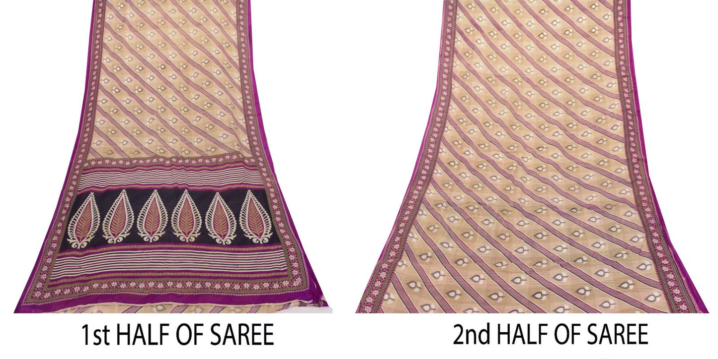 Sanskriti Vintage Beige-Purple Pure Cotton Saree Leaf Print Sari 5.5YD Fabric