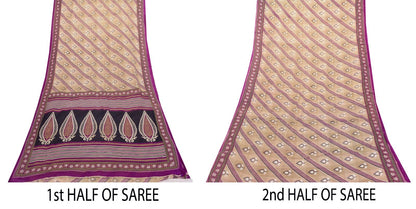 Sanskriti Vintage Beige-Purple Pure Cotton Saree Leaf Print Sari 5.5YD Fabric