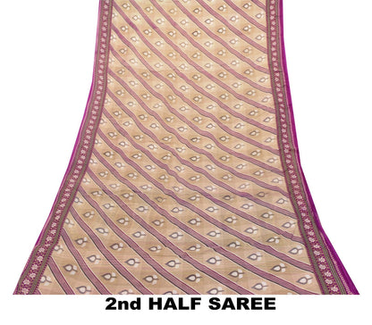 Sanskriti Vintage Beige-Purple Pure Cotton Saree Leaf Print Sari 5.5YD Fabric