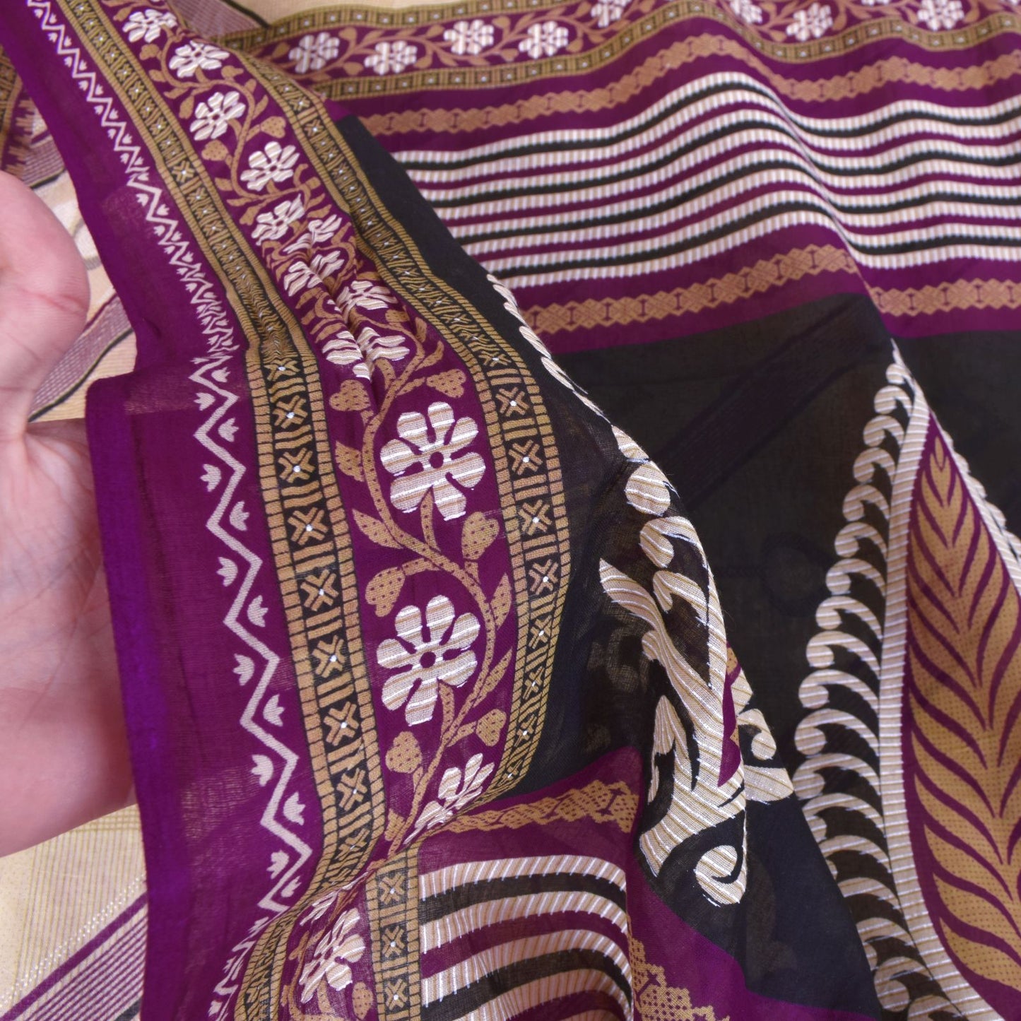 Sanskriti Vintage Beige-Purple Pure Cotton Saree Leaf Print Sari 5.5YD Fabric