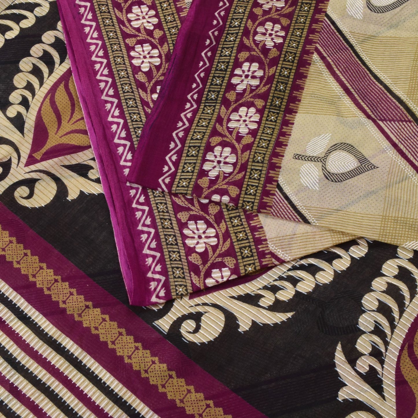 Sanskriti Vintage Beige-Purple Pure Cotton Saree Leaf Print Sari 5.5YD Fabric