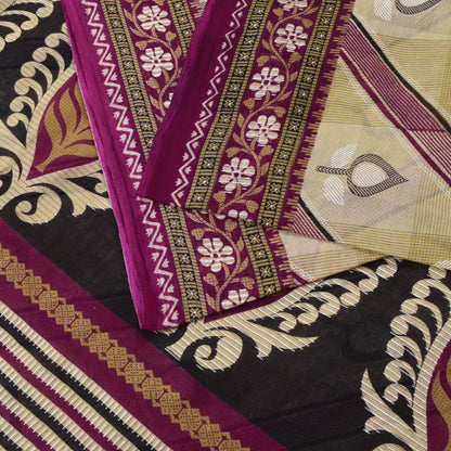 Sanskriti Vintage Beige-Purple Pure Cotton Saree Leaf Print Sari 5.5YD Fabric