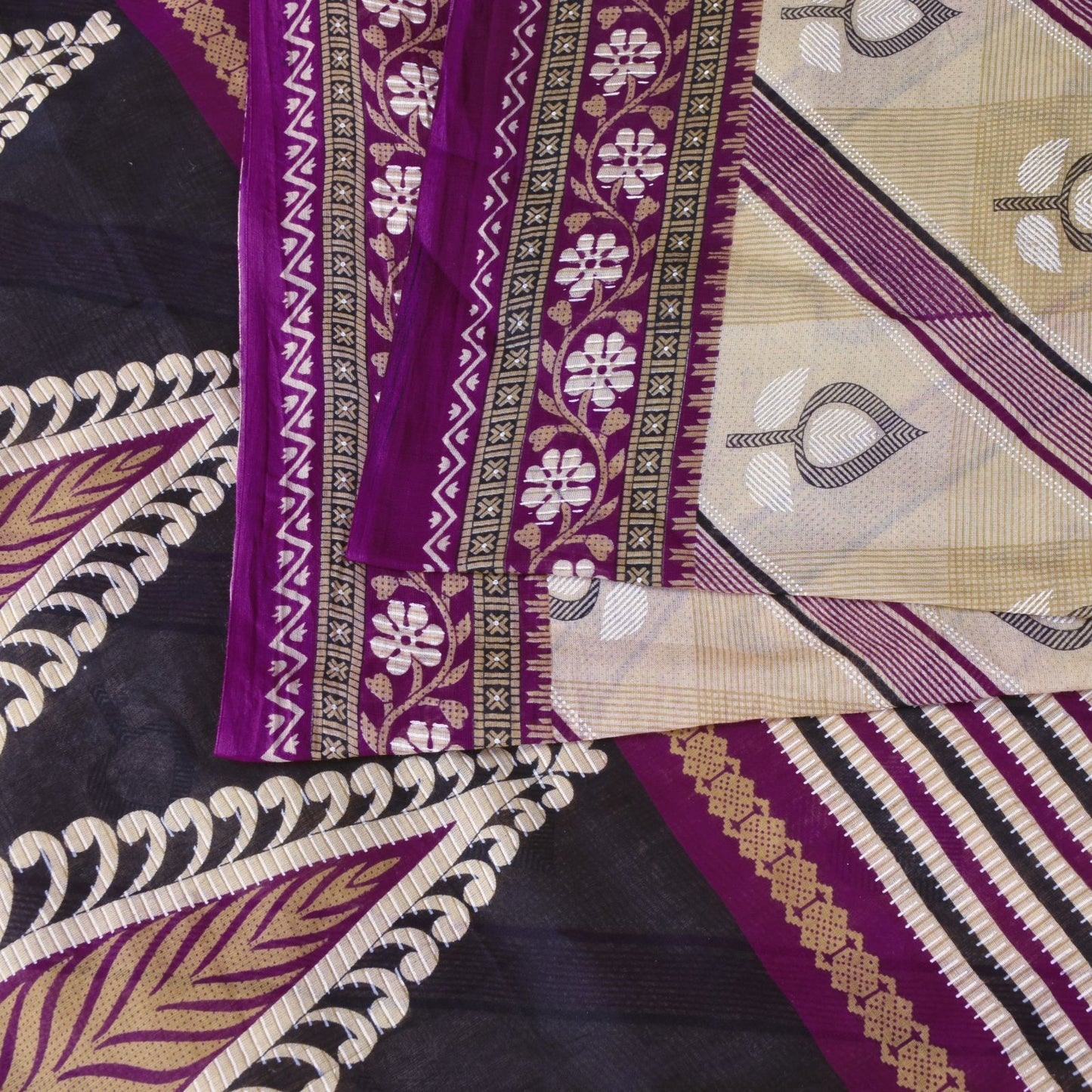 Sanskriti Vintage Beige-Purple Pure Cotton Saree Leaf Print Sari 5.5YD Fabric