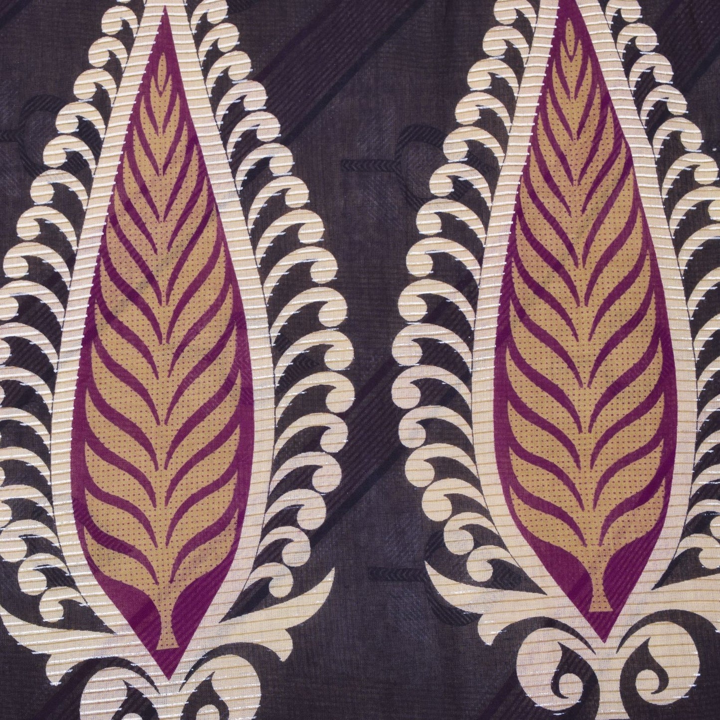 Sanskriti Vintage Beige-Purple Pure Cotton Saree Leaf Print Sari 5.5YD Fabric