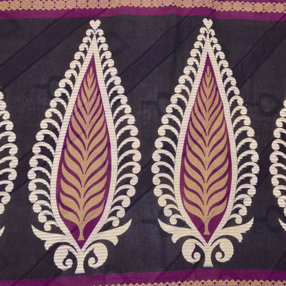 Sanskriti Vintage Beige-Purple Pure Cotton Saree Leaf Print Sari 5.5YD Fabric