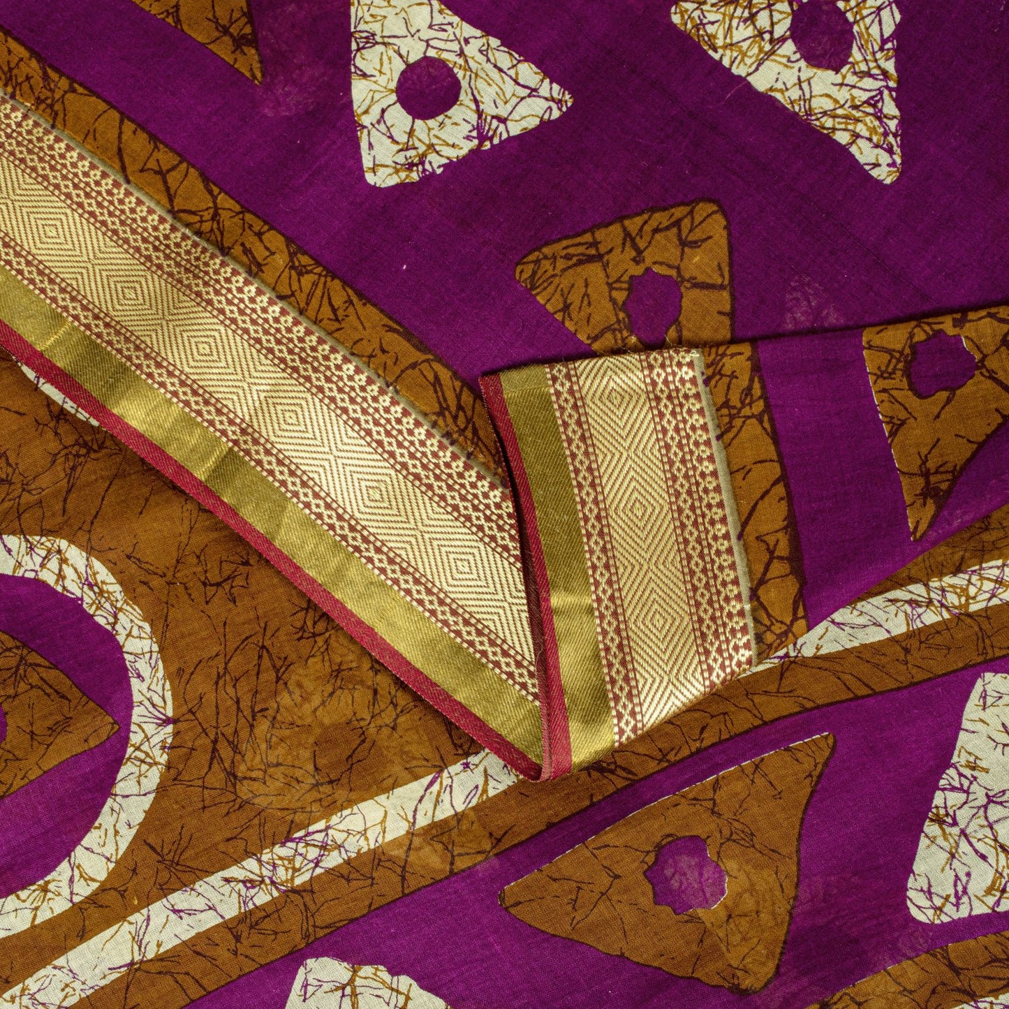 Sanskriti Vintage Purple Pure Cotton Saree Geometric Batik Print Sari 5.5Y Craft