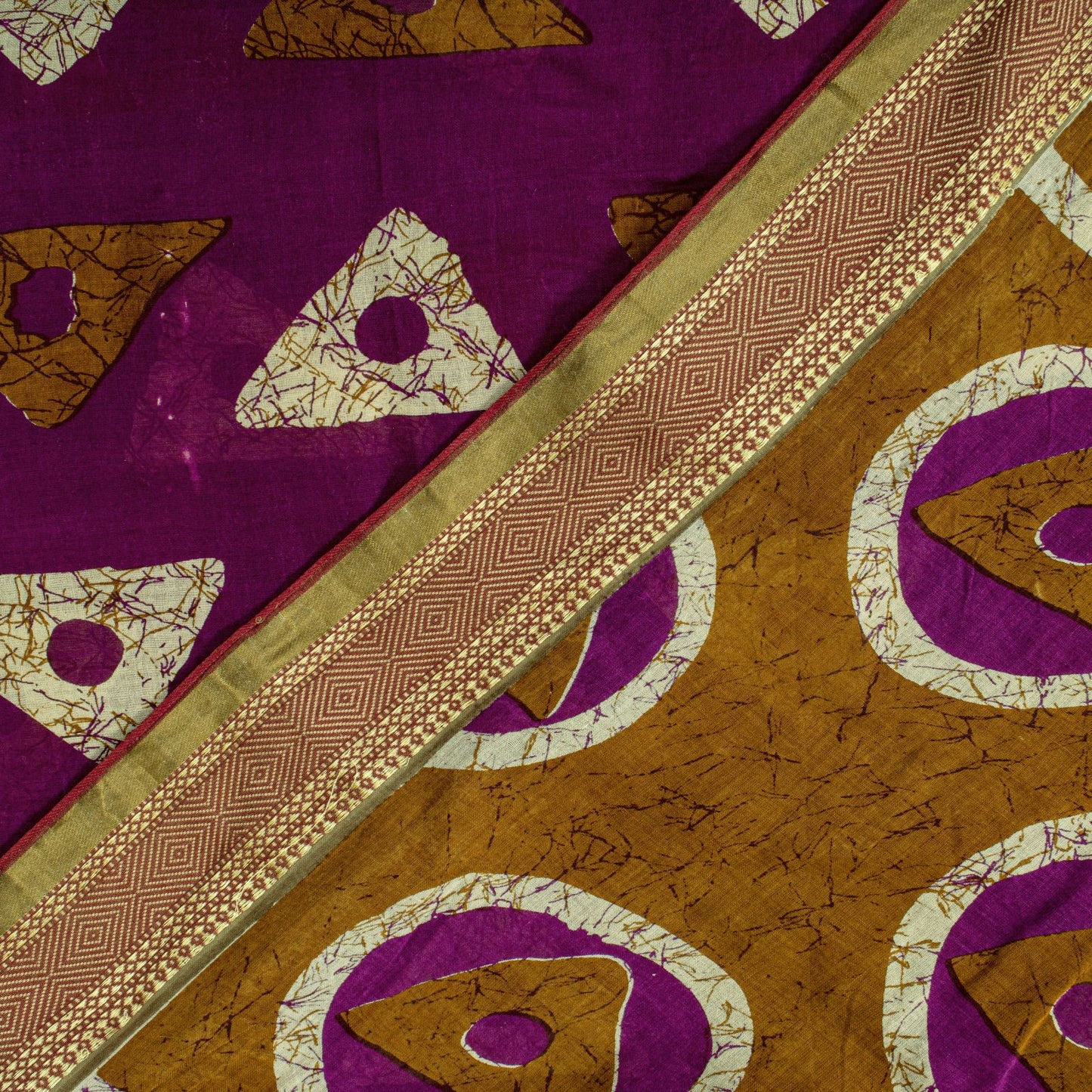 Sanskriti Vintage Purple Pure Cotton Saree Geometric Batik Print Sari 5.5Y Craft