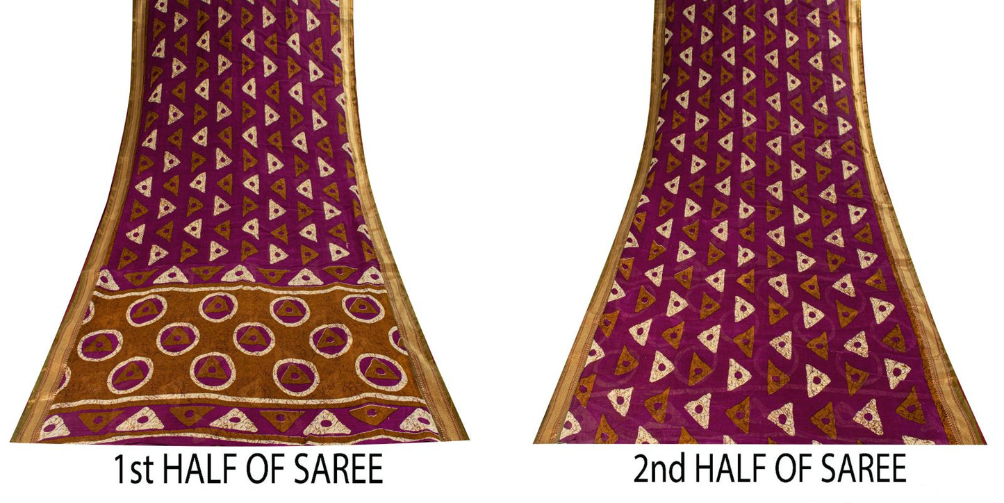 Sanskriti Vintage Purple Pure Cotton Saree Geometric Batik Print Sari 5.5Y Craft