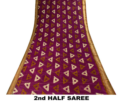 Sanskriti Vintage Purple Pure Cotton Saree Geometric Batik Print Sari 5.5Y Craft