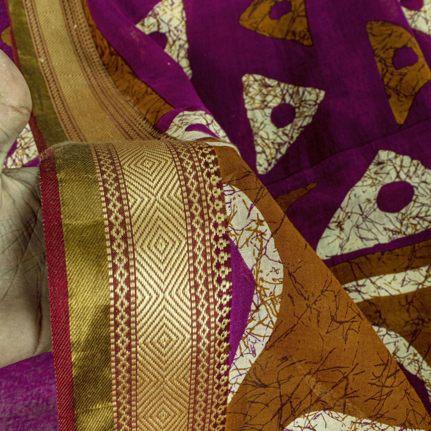 Sanskriti Vintage Purple Pure Cotton Saree Geometric Batik Print Sari 5.5Y Craft