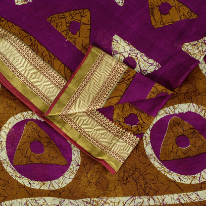 Sanskriti Vintage Purple Pure Cotton Saree Geometric Batik Print Sari 5.5Y Craft