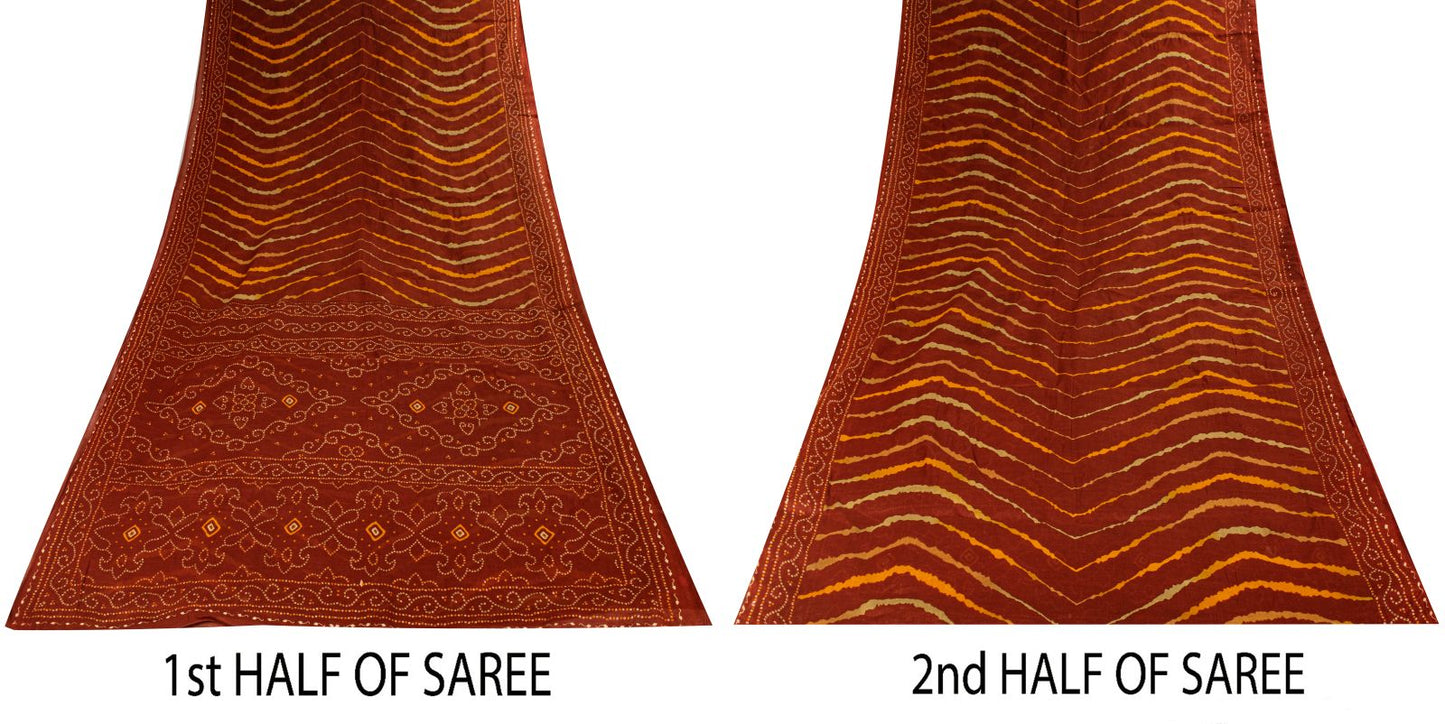 Sanskriti Vintage Brown Pure Cotton Saree Bandhani Leheria Print Sari 5.5Y Craft