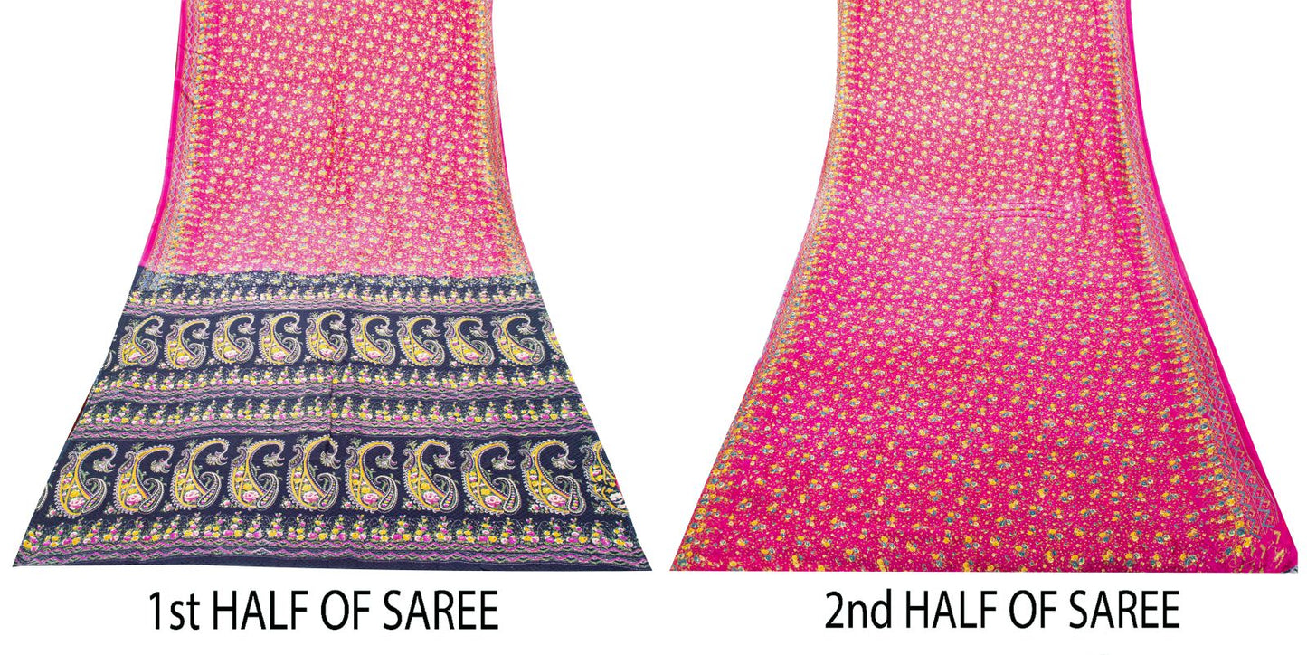 Sanskriti Vintage Pink Pure Cotton Woven Saree Floral Paisley Print Sari 5.5YD