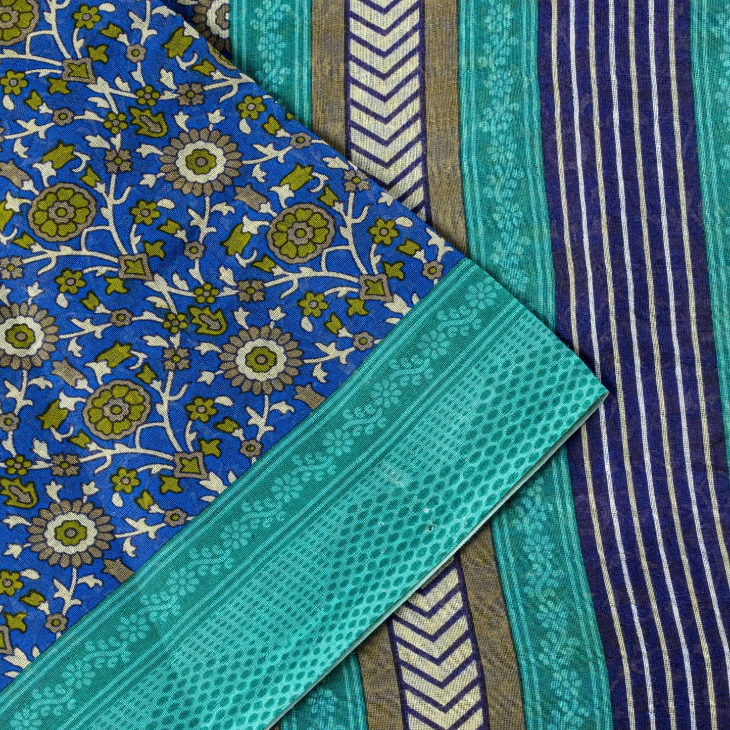 Sanskriti Vintage Blue Pure Cotton Saree Floral Printed Sari 5.5YD Craft Fabric